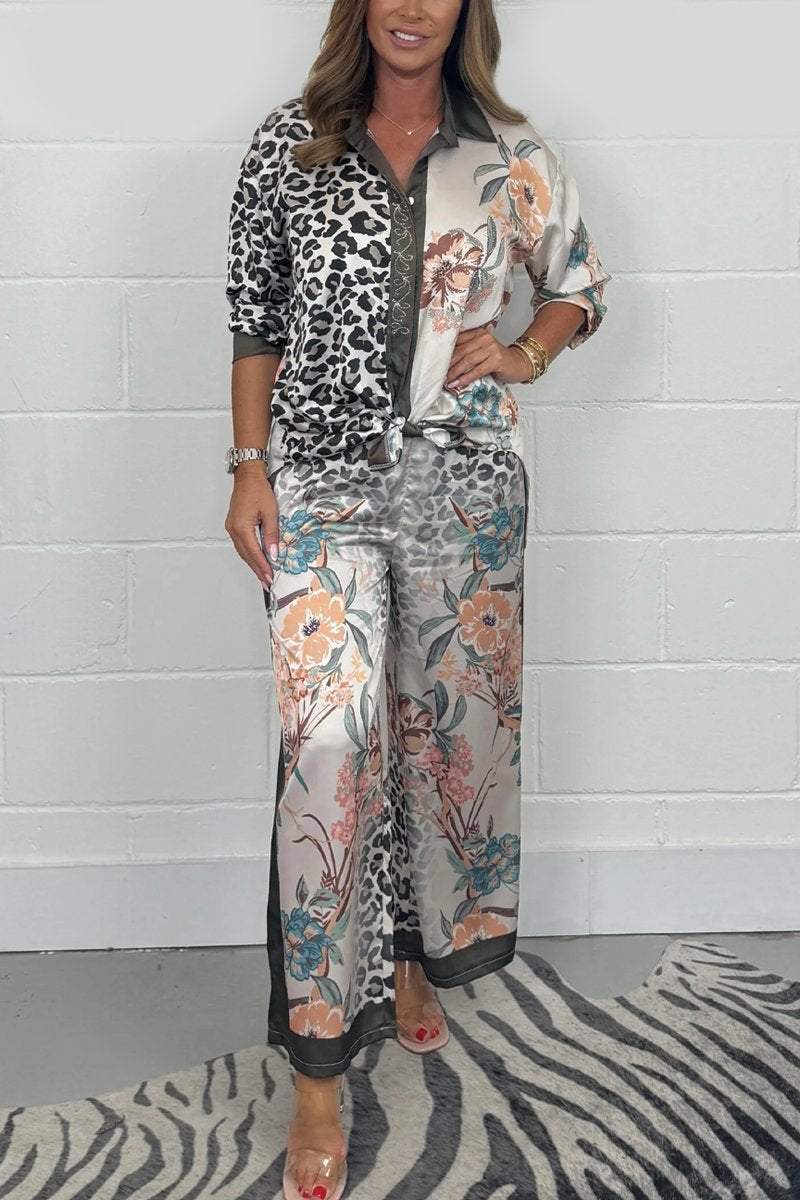 Conjunto Feminino de Calça e Camisa de Cetim com Estampa de Leopardo e Flores