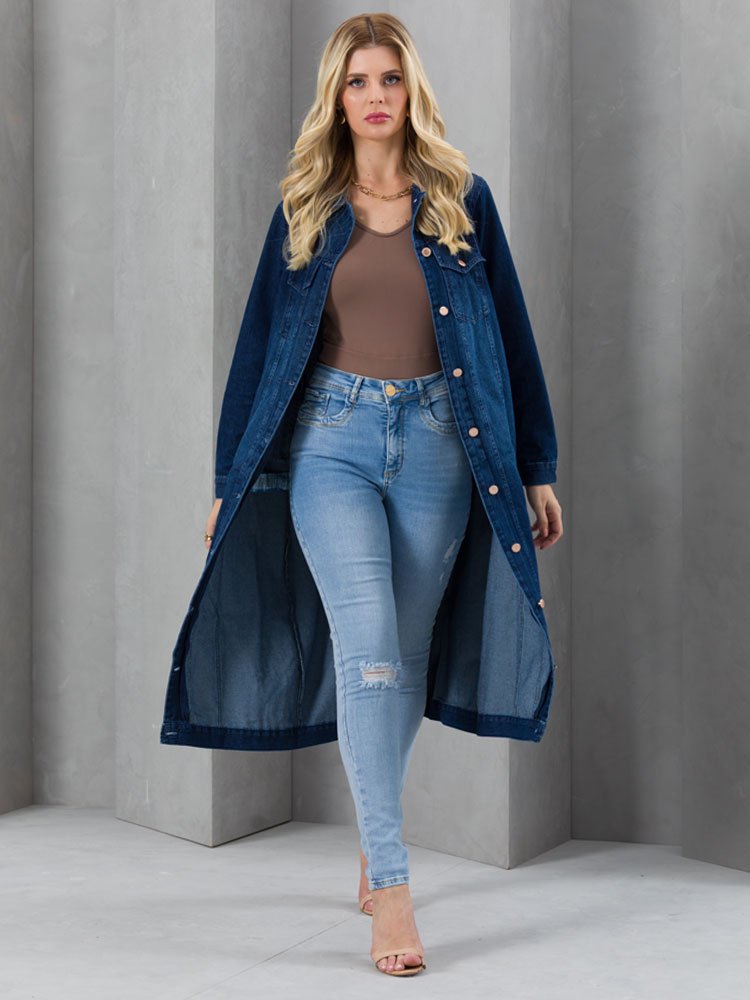 Jaqueta Feminina Jeans Tradicional Gola Flat
