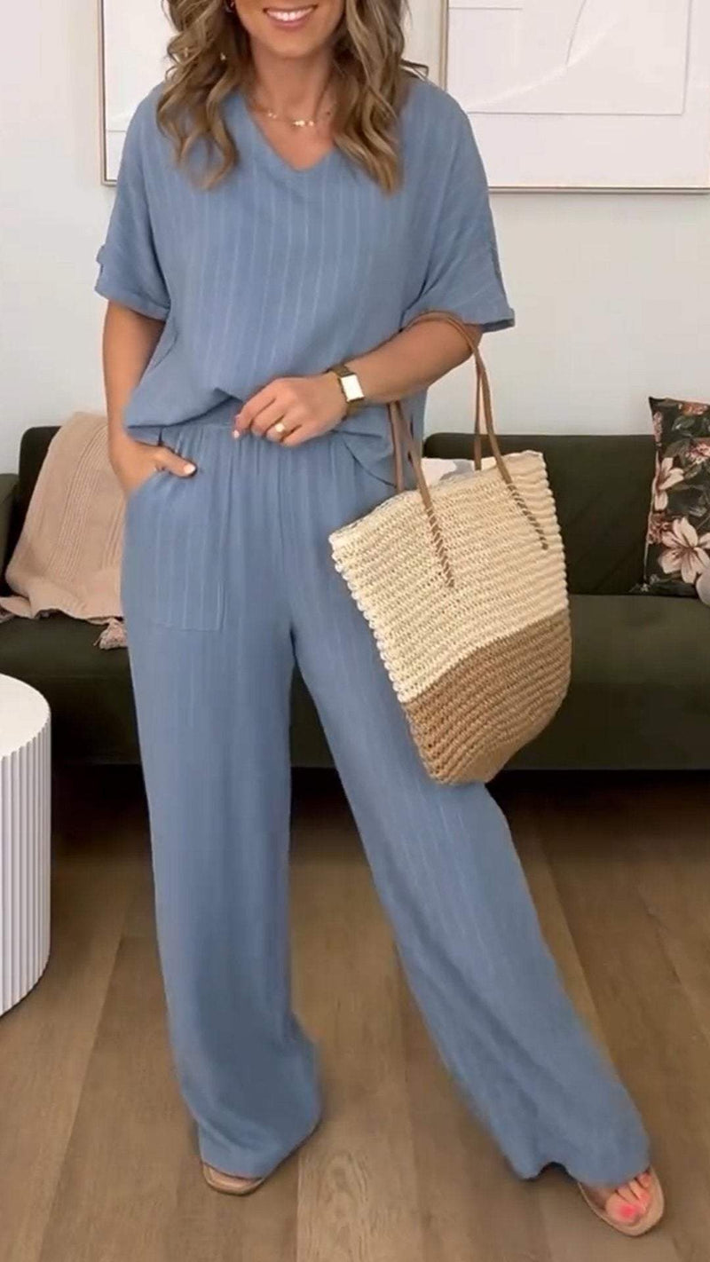 Conjunto Feminino Casual com Decote em V e Manga Média